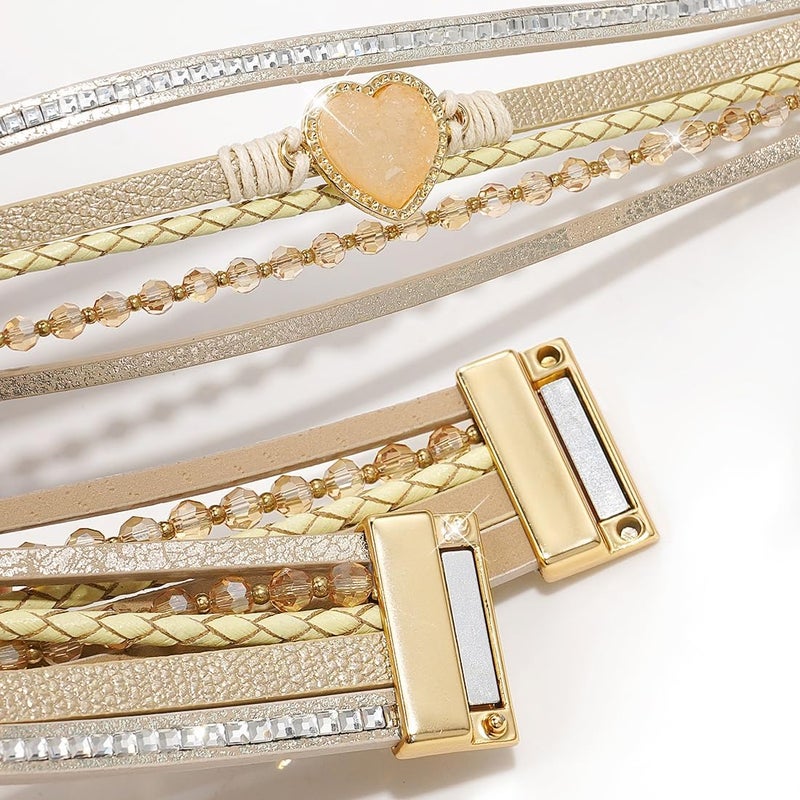 Suyi Multilayer Leather Wrap Bracelet Heart-Shape Wide Cuff Bracelets for Women - Image 4